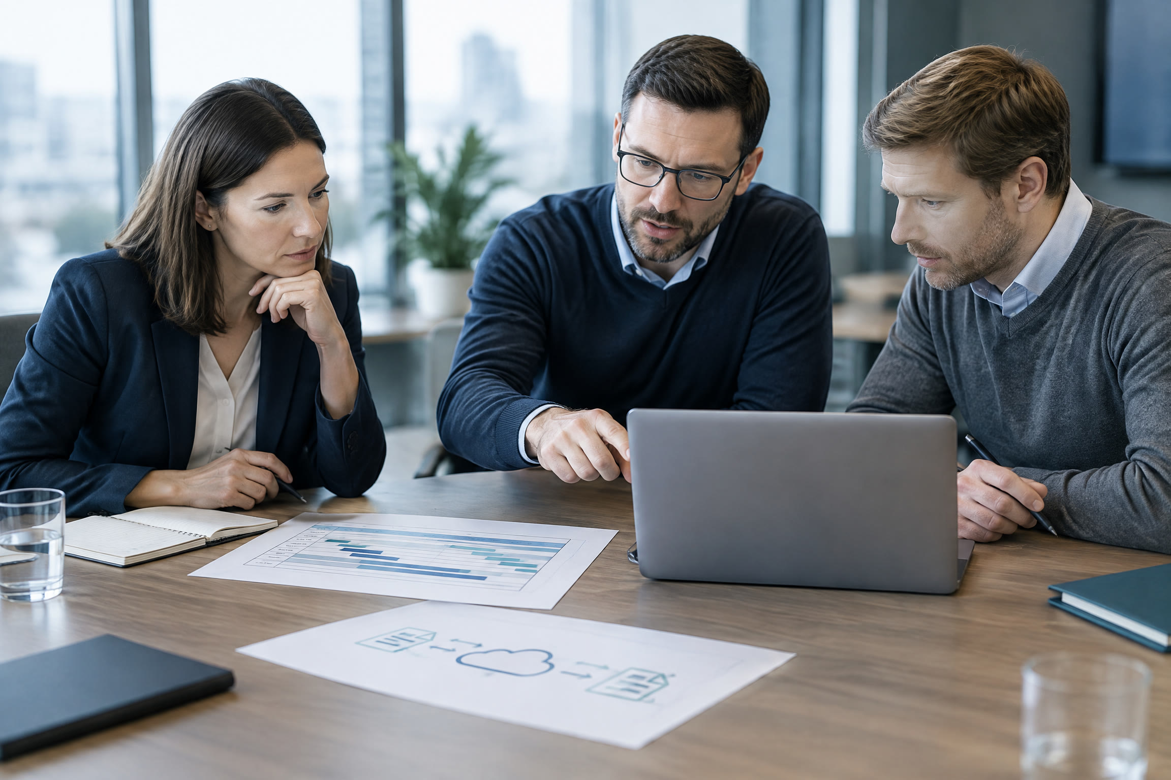 Fach- und IT-Verantwortliche stimmen eine Dokumentmigration und Office-Integration ab.